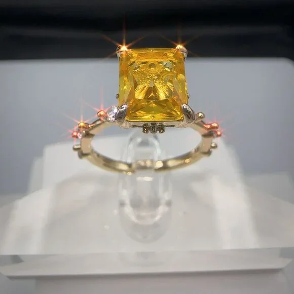 Yellow Radiant Cut CZ Ring Gold-Plated Brass Size 5 - Picture 2 of 14